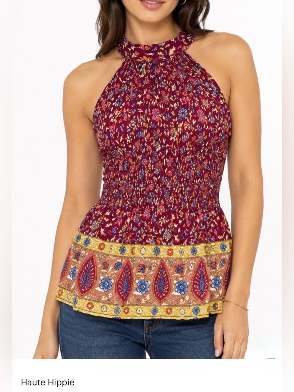 NWT Haute Hippie Smocked Boho Floral Halter Top - size M